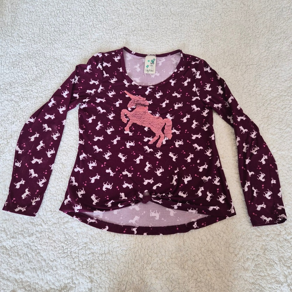 Lily Bleu Girls Burgundy Unicorn Flip Sequin Long Sleeve Knot Front Top L Fairy